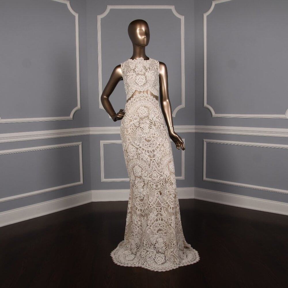 FRANCESCA MIRANDA Theodora Ivory Nude Beaded Lace Sheath Wedding Dress 8